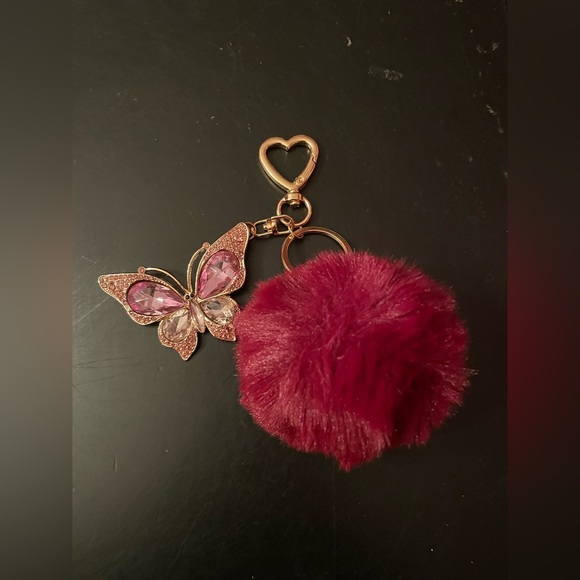 Butterfly Keychain with Burgundy Red Pom Pom - Picture 4 of 7
